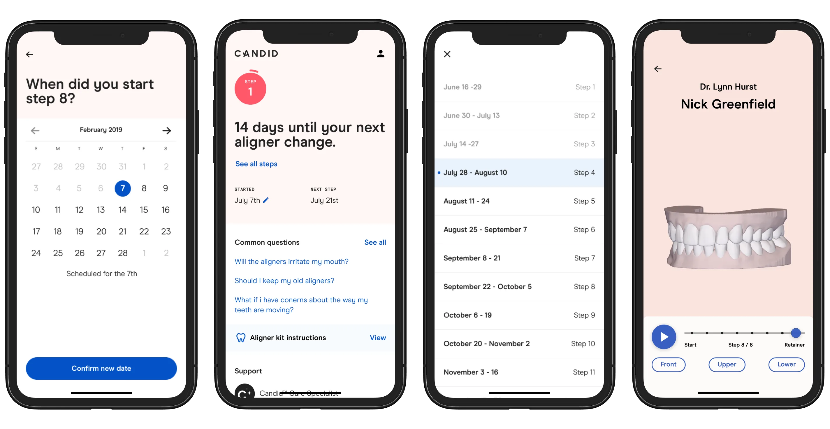 Four key screens from the Candid app