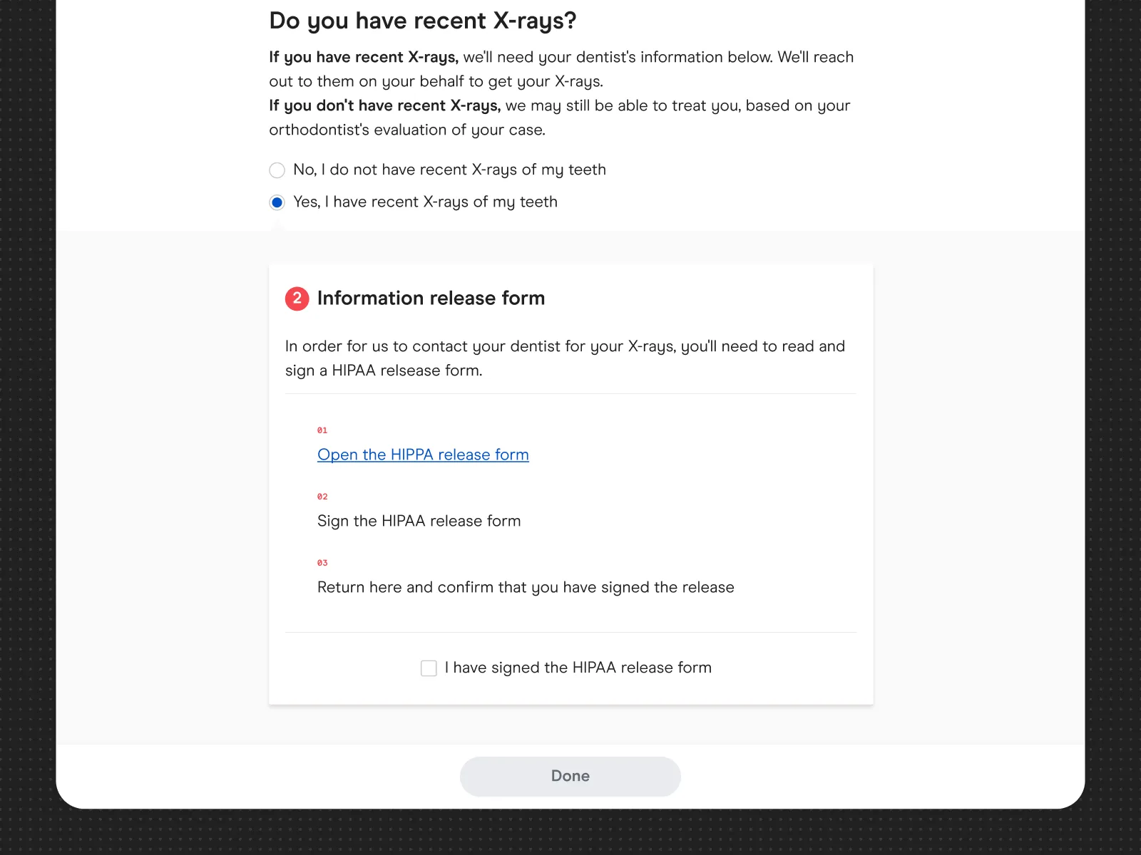 Intake form with the HIPAA release step