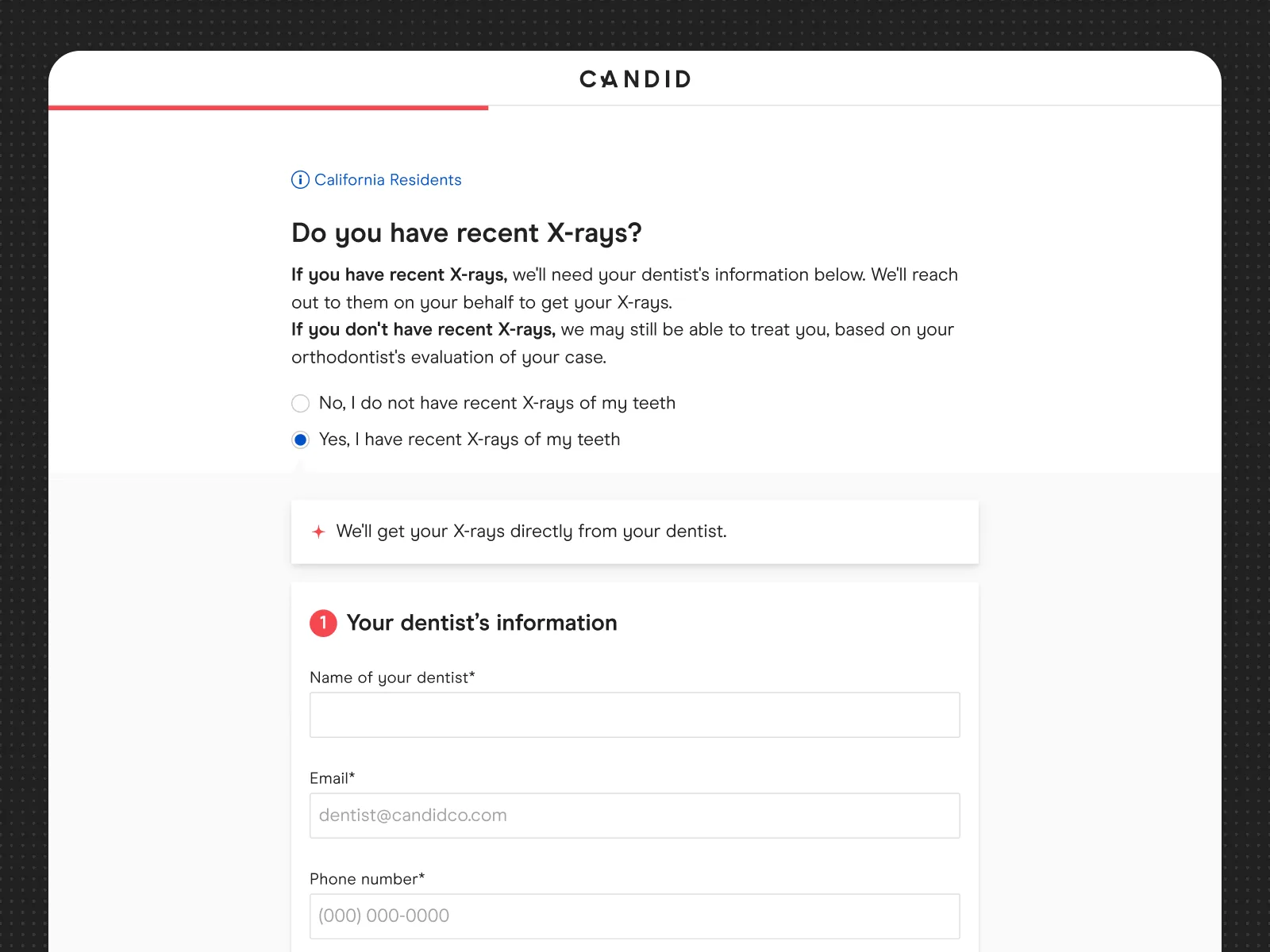 Intake form asking for the patient's dentist information