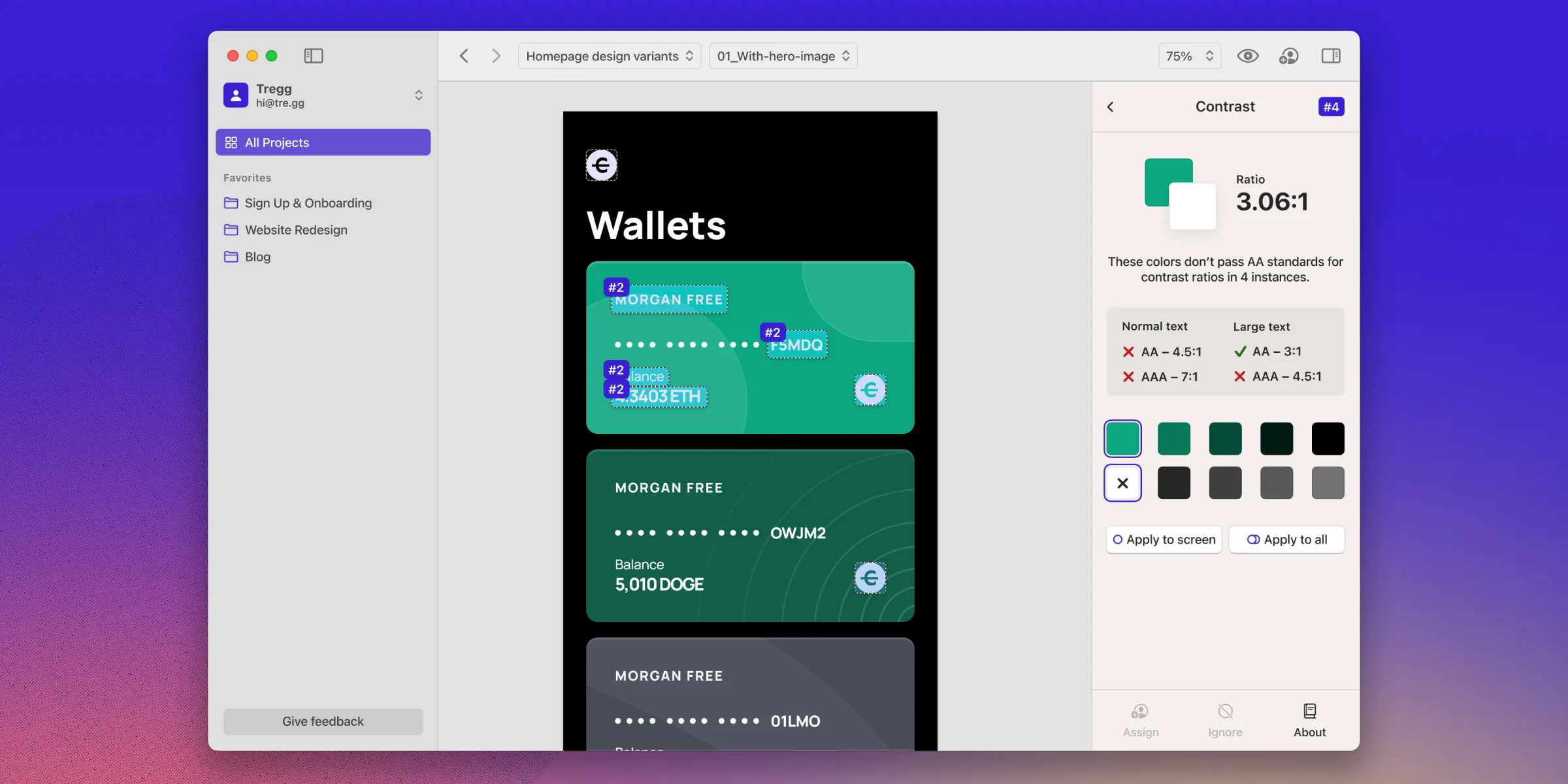Stark auditing a wallet design in Figma, with contrast results