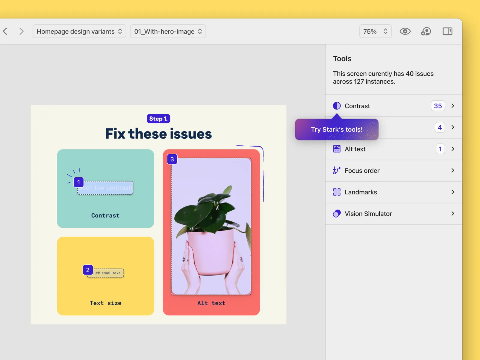 Stark onboarding screen listing issues to fix