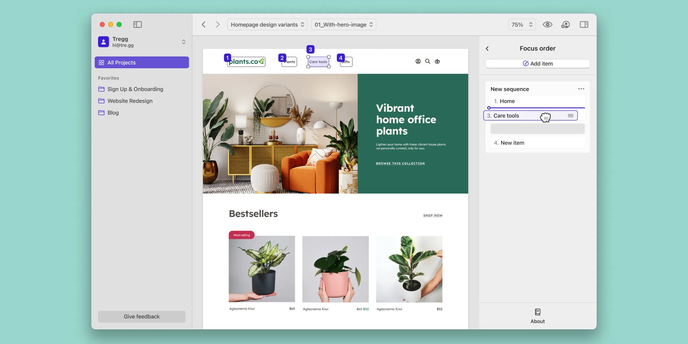 Stark focus order panel on a webpage design